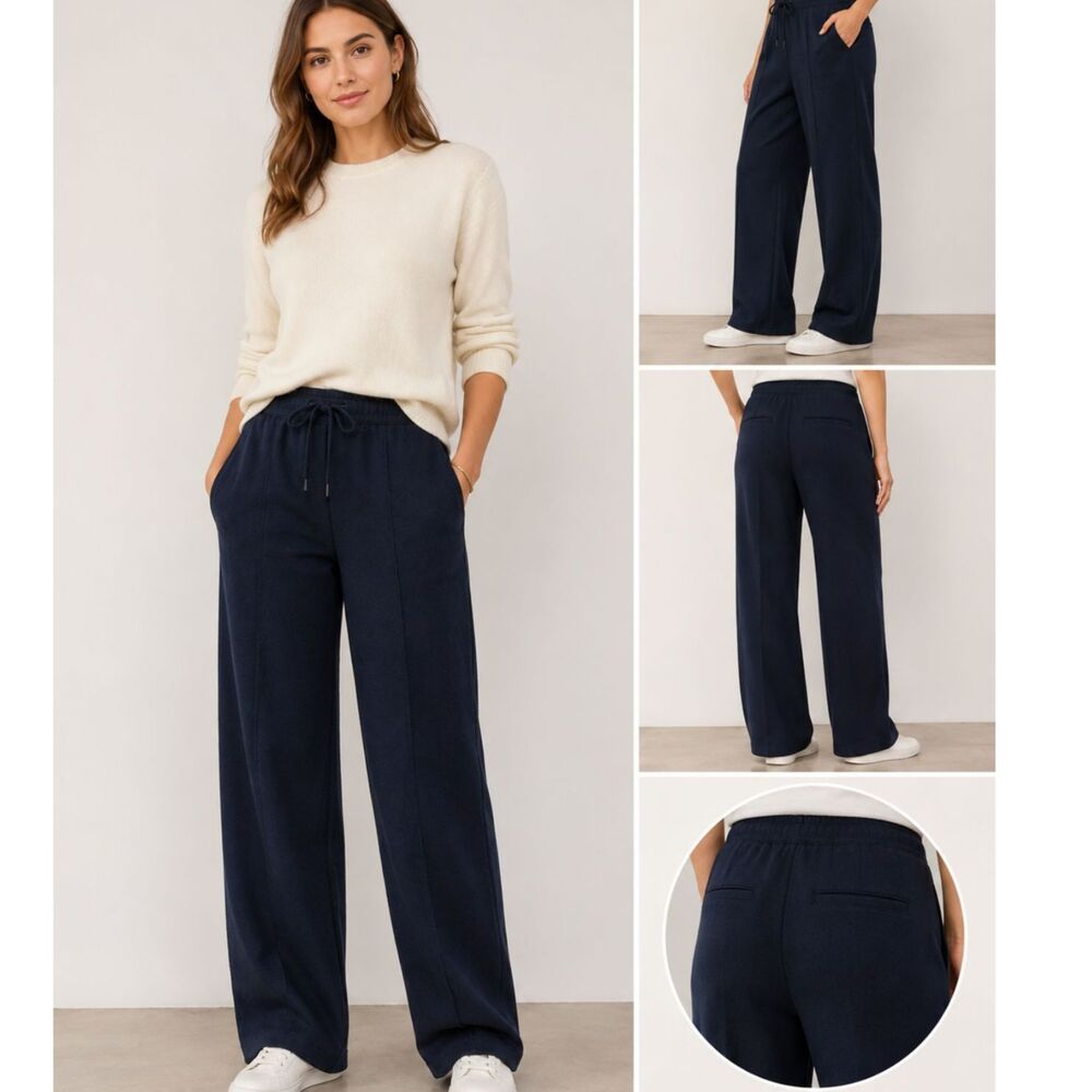 Vince Wool Blend Pull On Wide Leg Pants Navy Size M Drawstring Elastic Waist